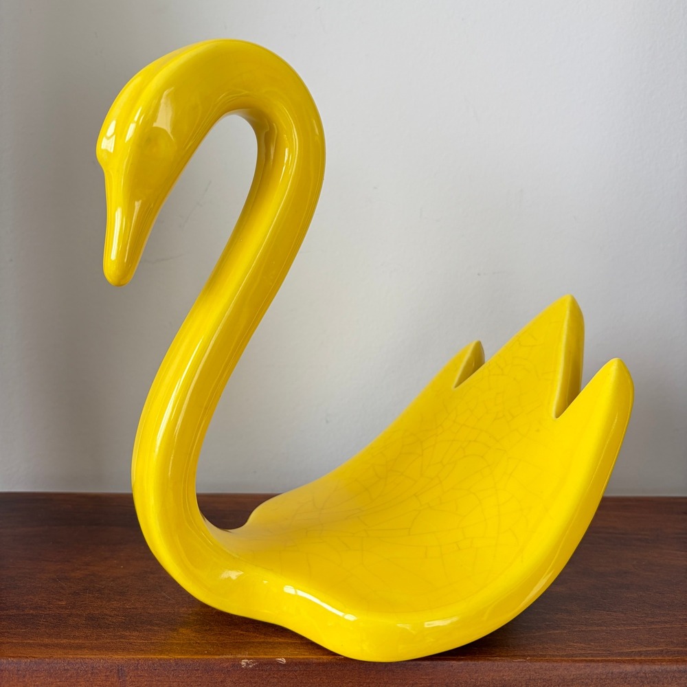 Vintage Yellow Ceramic Swan Figurine Crackle Glaze Decorative Dish 7.5in